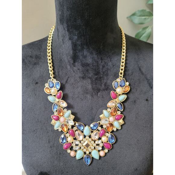 Women's Statement Bib Necklace Colorful Gemstones With Lobster Clasp Lock - Picture 1 of 6